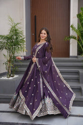 Exotic Purple Diamond Silk Embroidery Work Gown